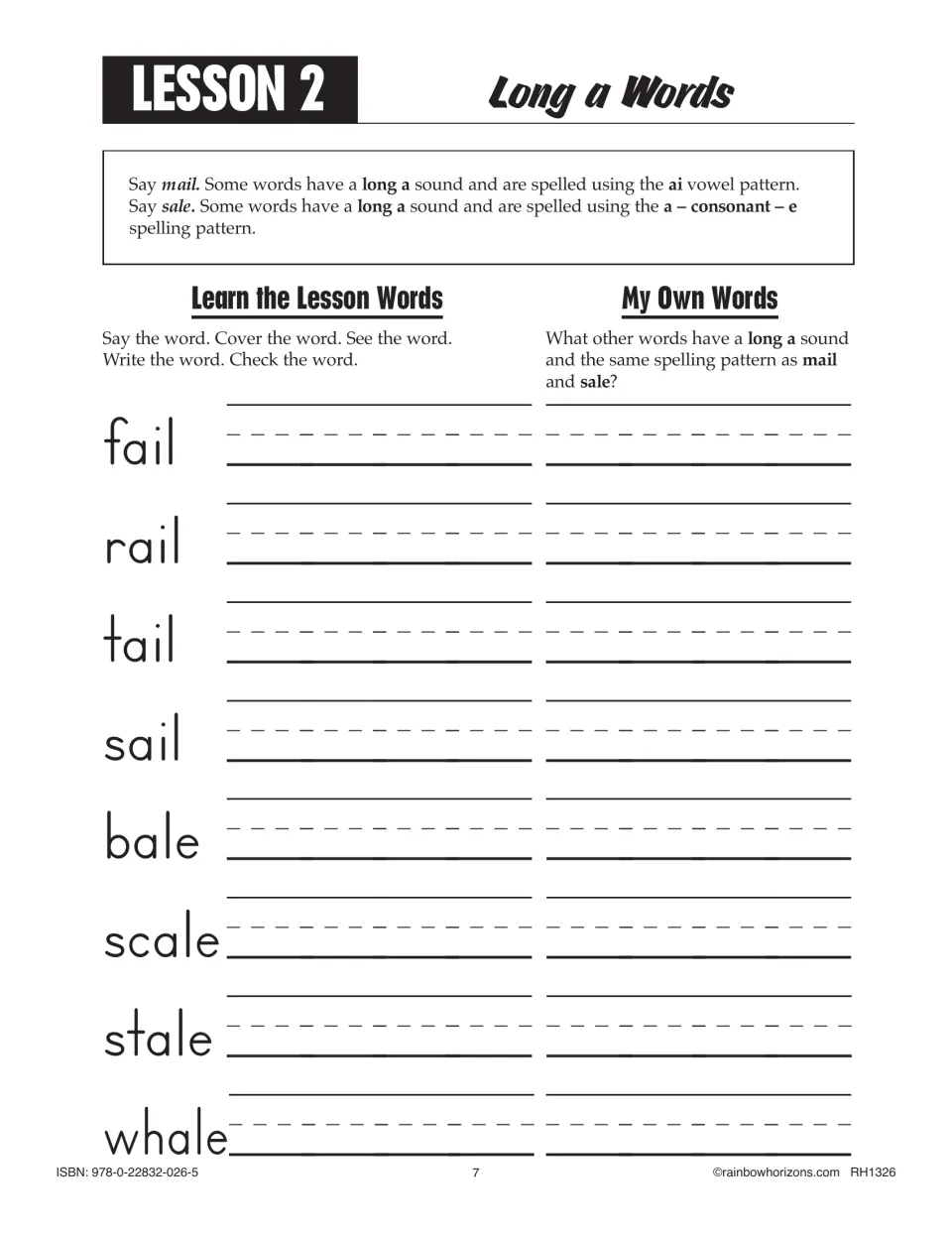Lesson 2, long a: students copy fail, rail, tail, sail, bale, scale, stale, whale and list more ai and a-e words