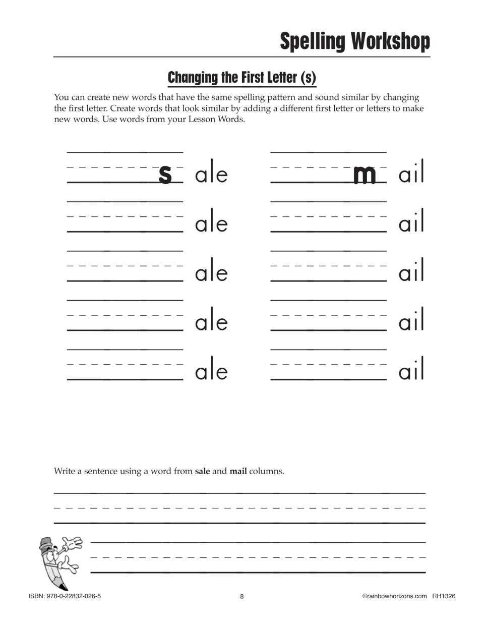 Changing the first letter: students build -ale and -ail word families from sale and mail, then write a sentence
