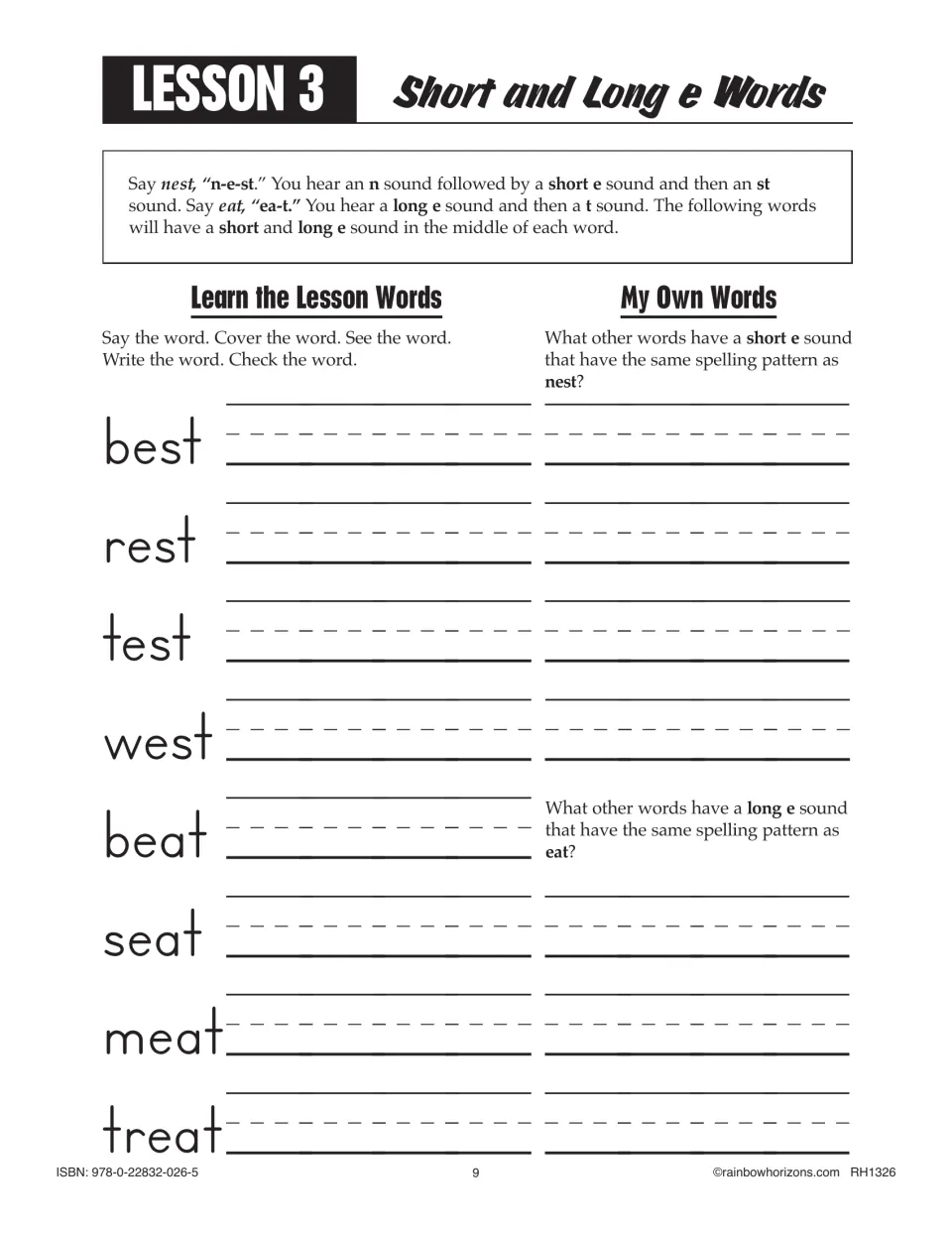 Lesson 3, short and long e: students copy best, rest, test, west, beat, seat, meat, treat and add -est and -eat words