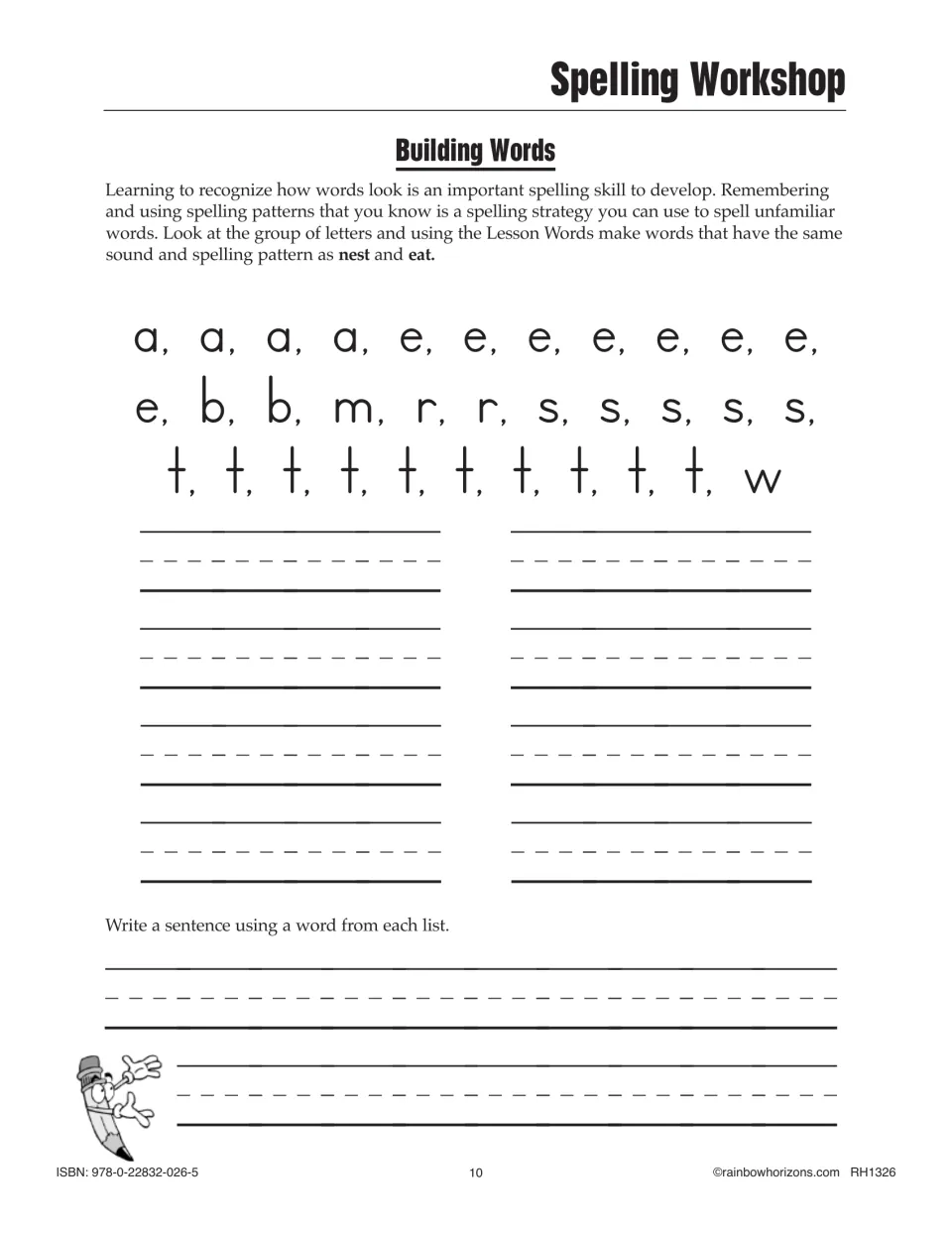 Building words: students spell lesson words from a letter bank, matching the nest and eat patterns, then write a sentence