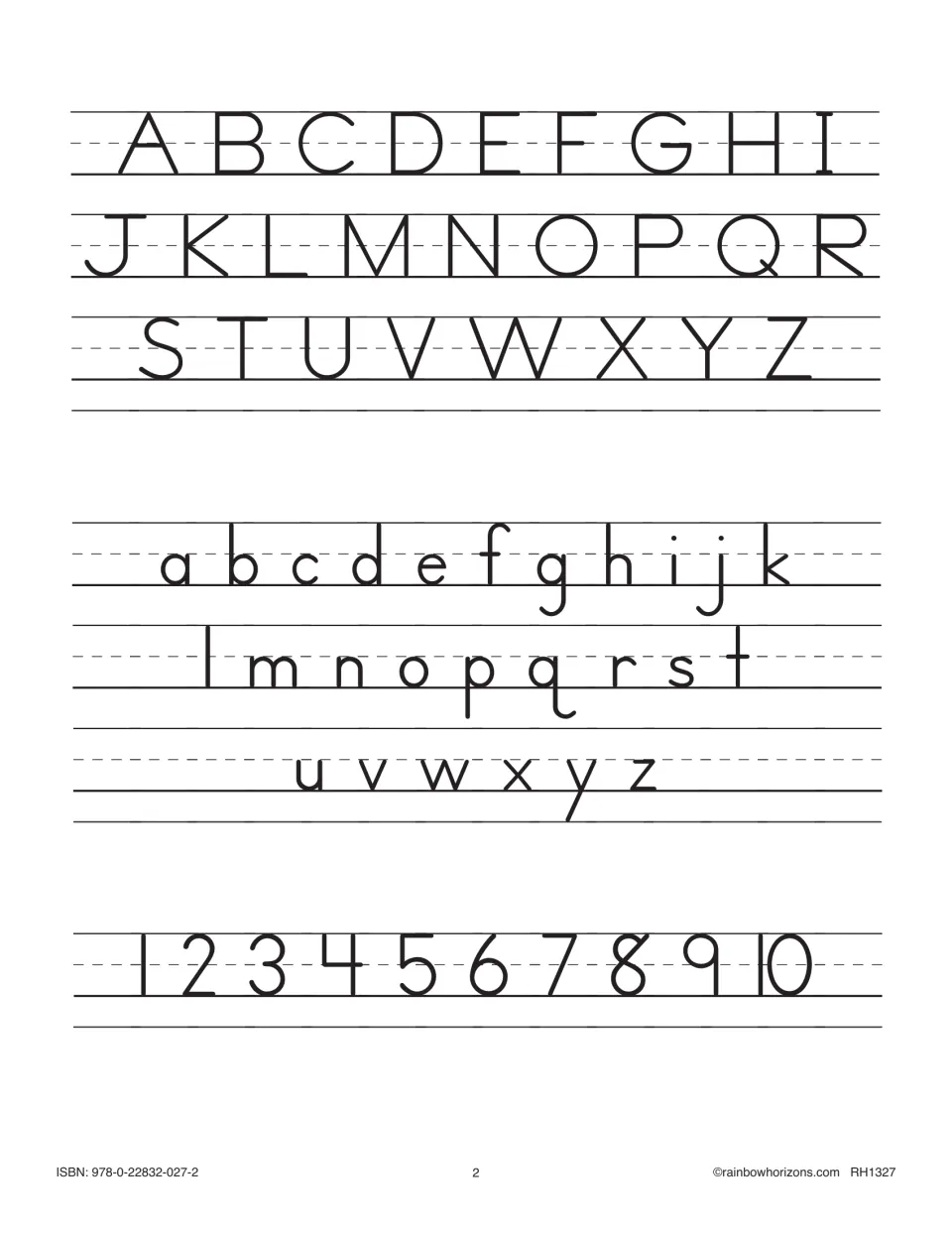 Manuscript letterform model: uppercase A to Z, lowercase a to z and numbers 1 to 10 printed on handwriting guide rules