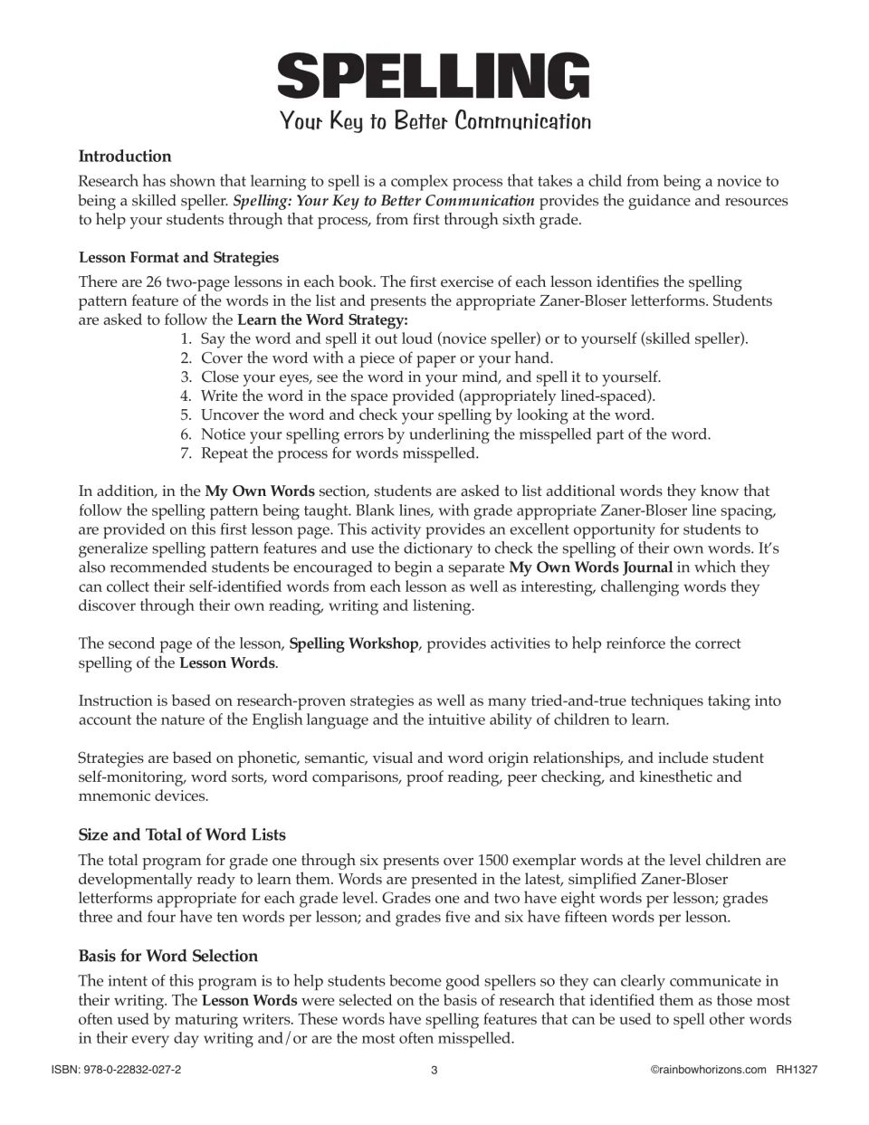 Teacher introduction to spelling: the 7-step Learn the Word Strategy, My Own Words, Spelling Workshop and word list sizes