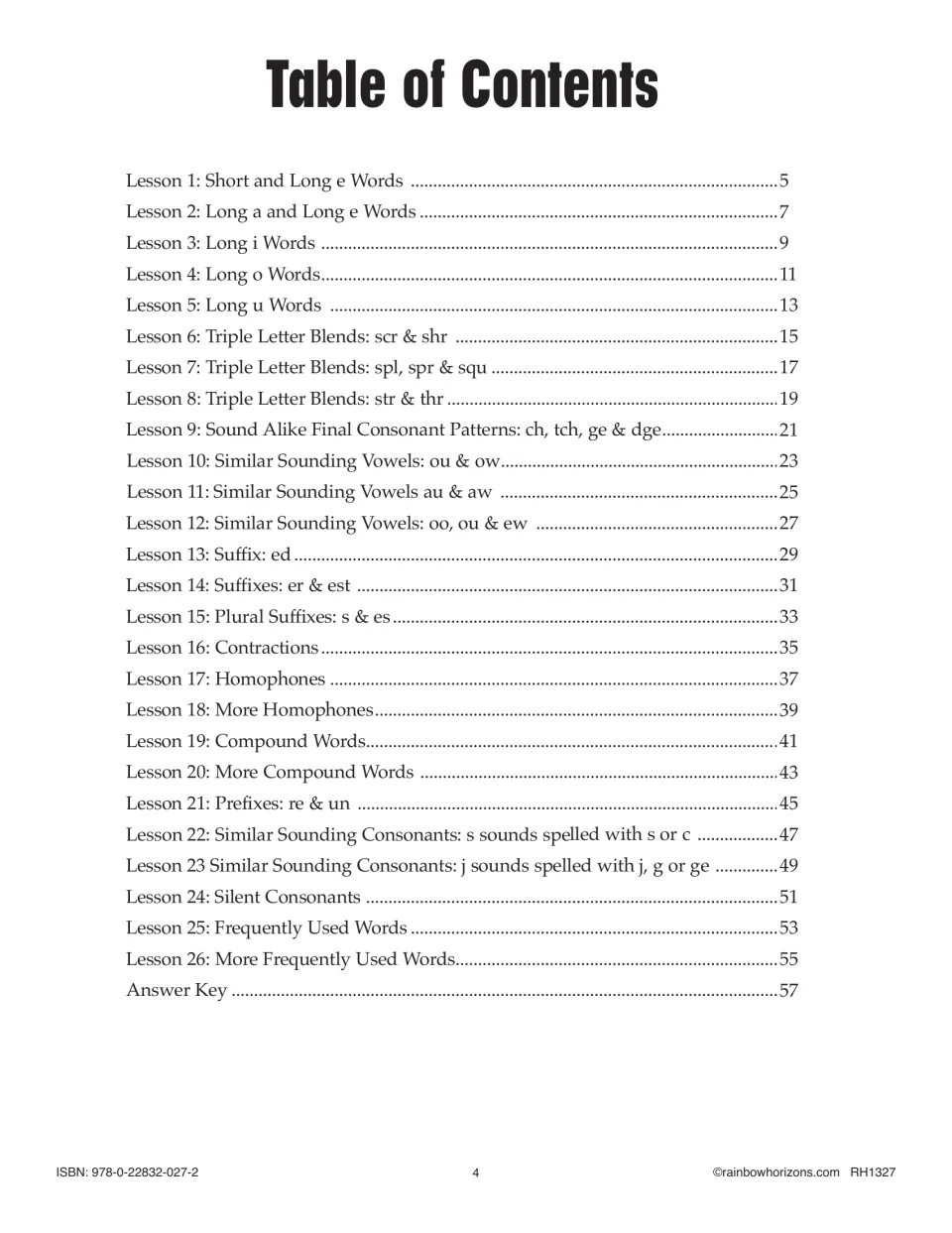 Table of contents listing 26 spelling lessons, from short and long e words to frequently used words, plus the answer key