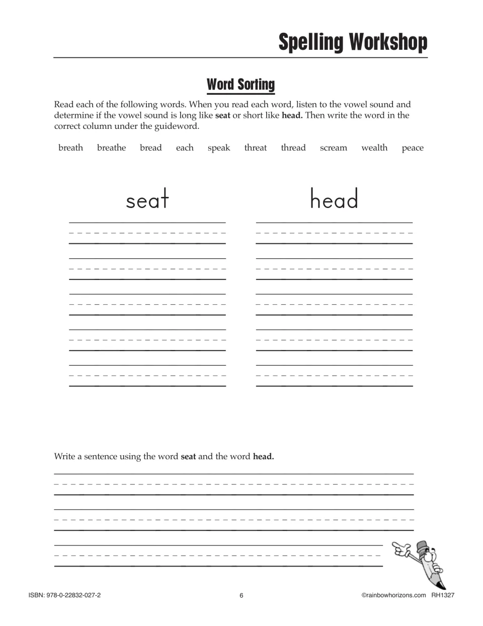 Word sorting for ea: students sort breath, speak, thread and peace under long e seat or short e head, plus a sentence