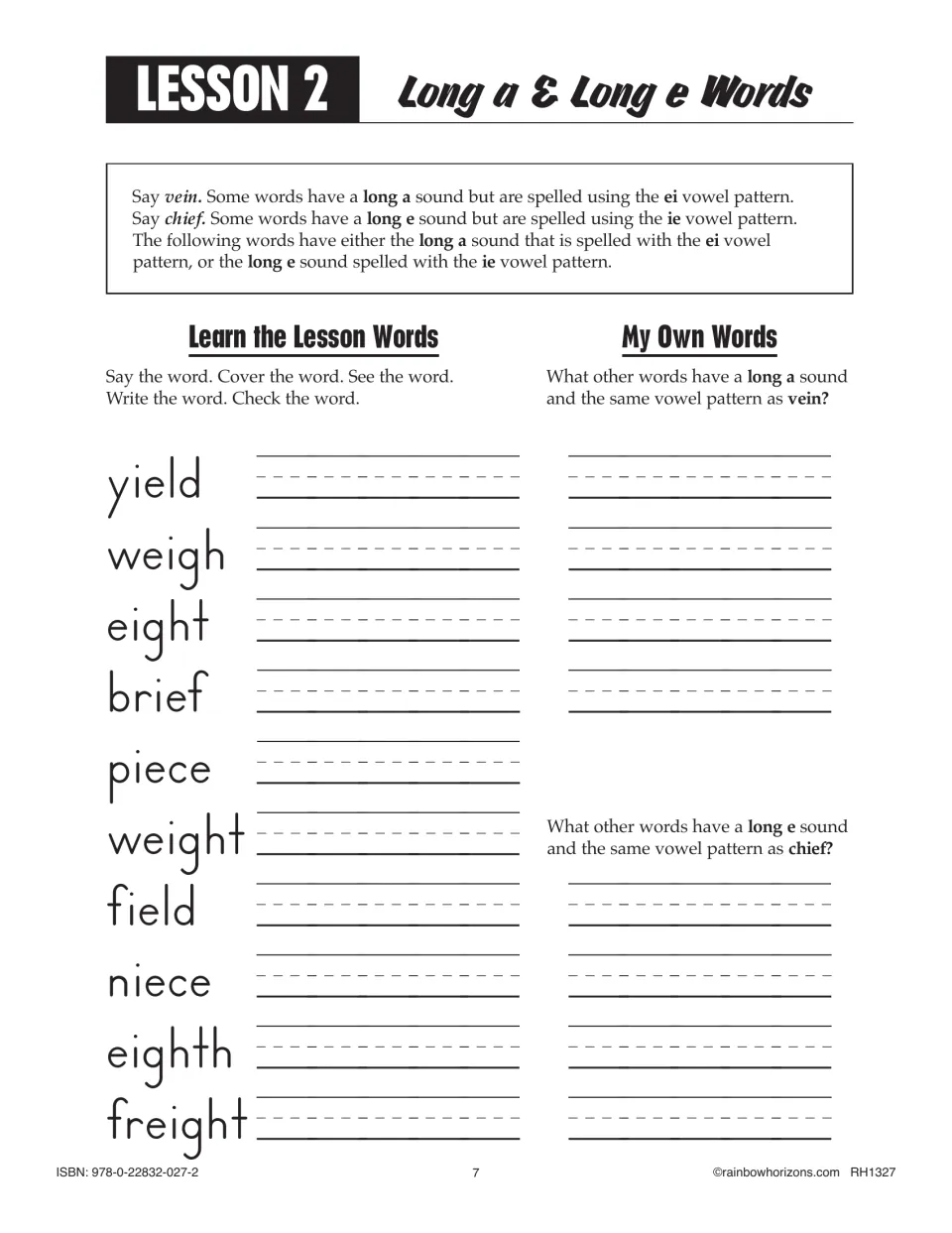 Lesson 2, long a with ei and long e with ie: students practise yield, weigh, eight, niece and list more ei and ie words