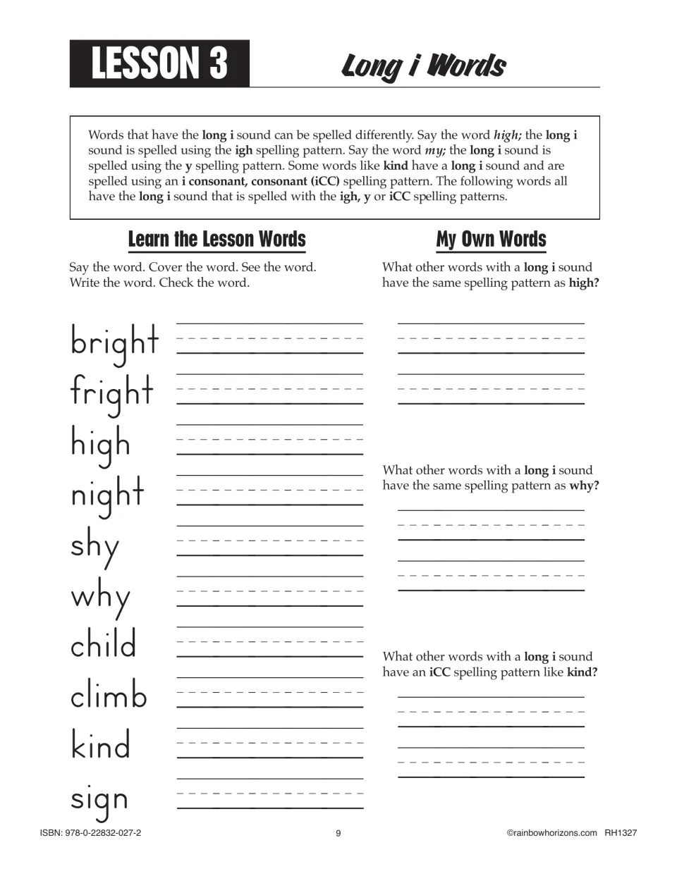 Lesson 3, long i spelled igh, y or iCC: students practise bright, shy, child, sign and list more words like high and kind