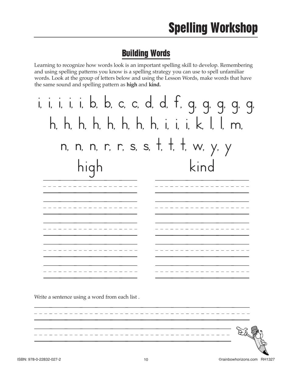 Building words: students use a bank of letters to spell Lesson 3 words matching high and kind, plus a sentence