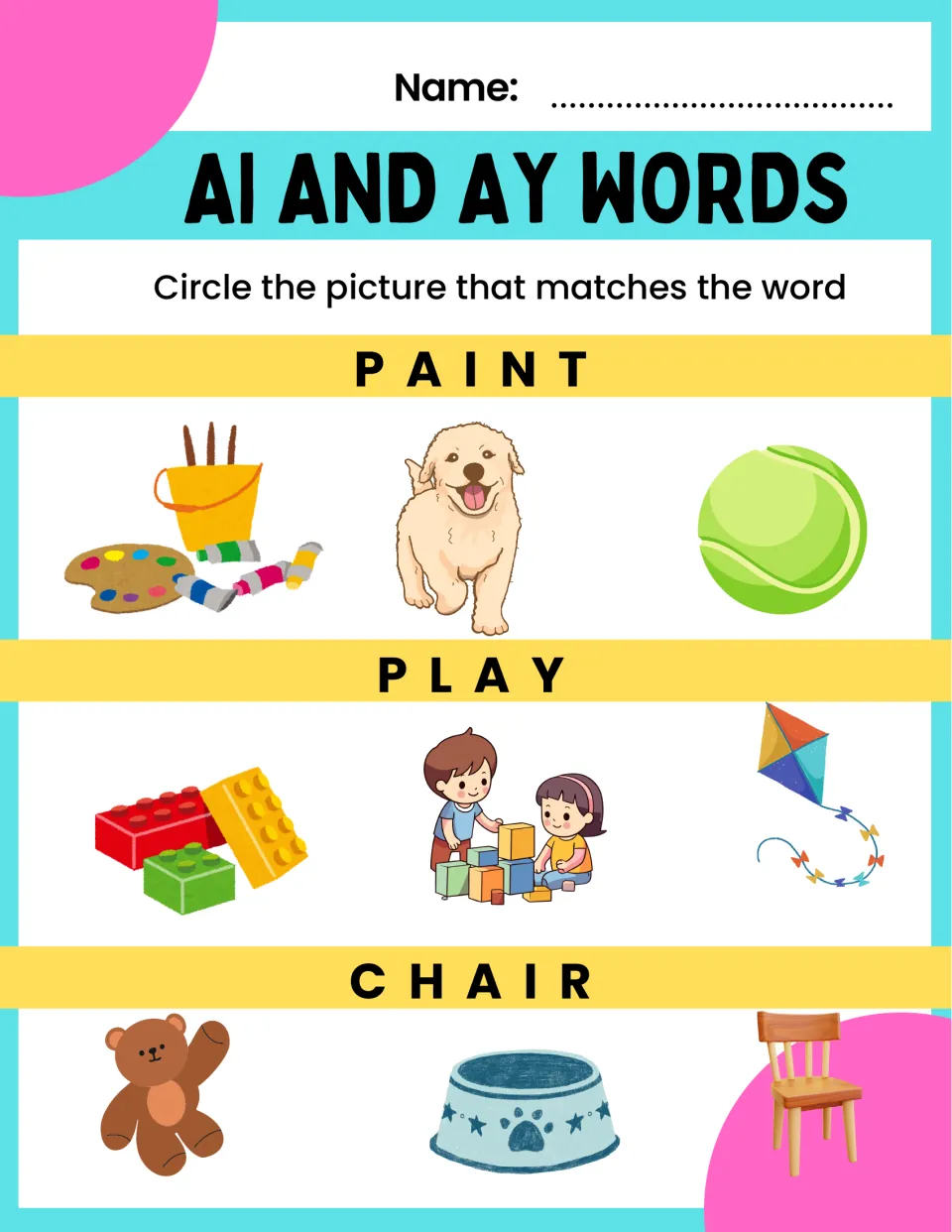 AI and AY picture match: students read paint, play and chair, then circle the matching picture from three in each row