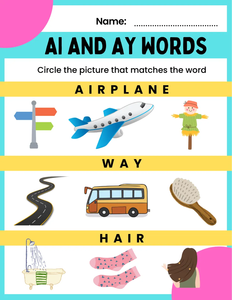 AI and AY picture match: students read airplane, way and hair and circle the one picture out of three that fits each word