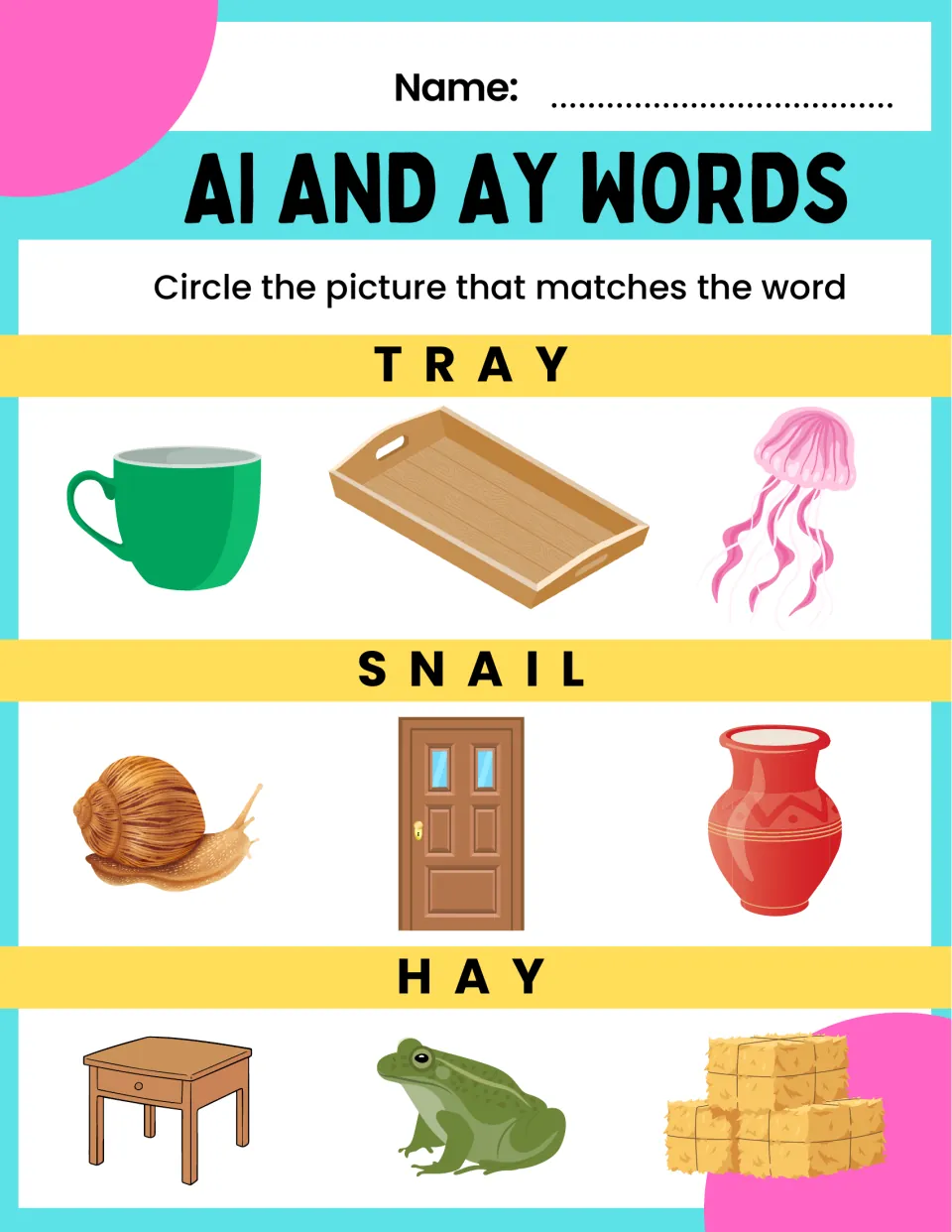 AI and AY word-to-picture match: students read tray, snail and hay and circle the correct picture beside each word