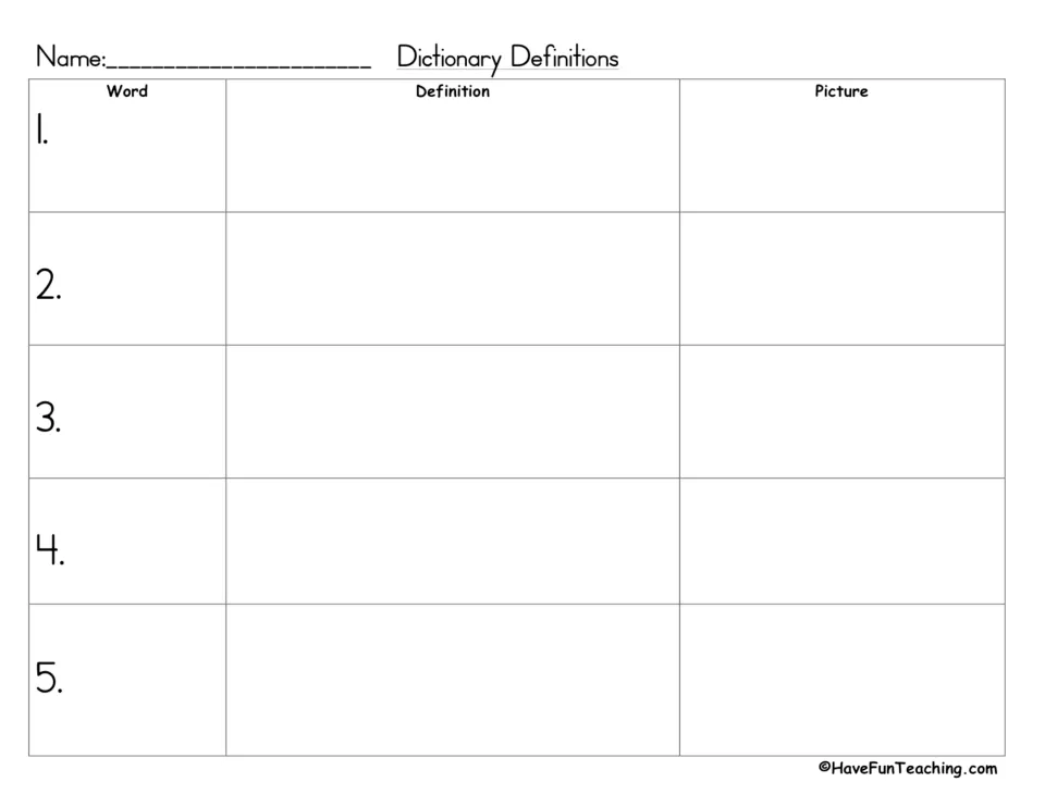 Dictionary Definitions practice, entries 1–5: record each spelling word, write its definition, and draw a picture.