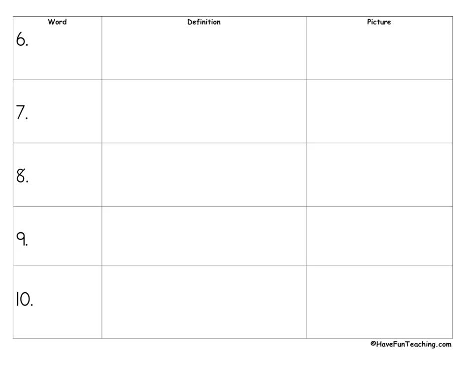 Spelling word practice continues with entries 6–10 for recording words, writing definitions, and drawing pictures.