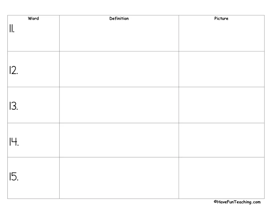 Spelling word definition practice, entries 11–15: add each word, its written definition, and a matching picture.