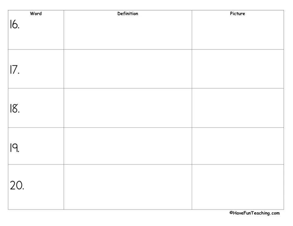 Final spelling word practice page, entries 16–20, for recording words, writing definitions, and drawing pictures.