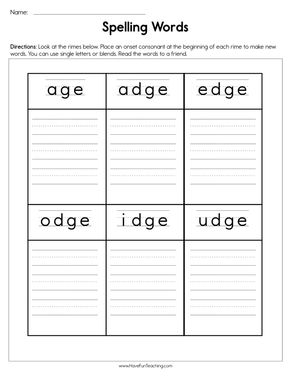 Spelling practice page: add consonants or blends to age, adge, edge, odge, idge, and udge to make words.