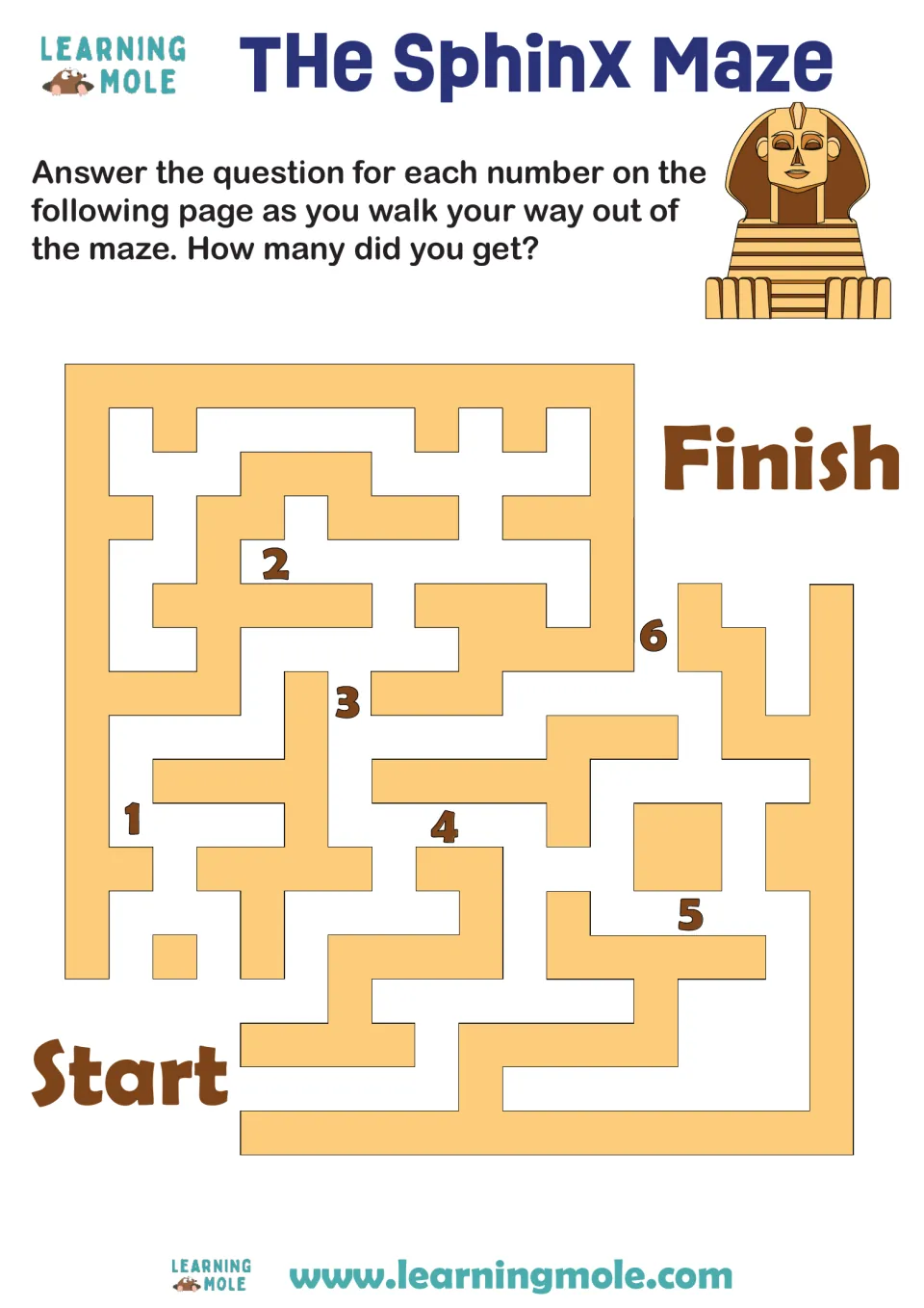 The Sphinx Maze: students trace a path from Start to Finish, answering Sphinx questions 1 to 6 as they reach each number