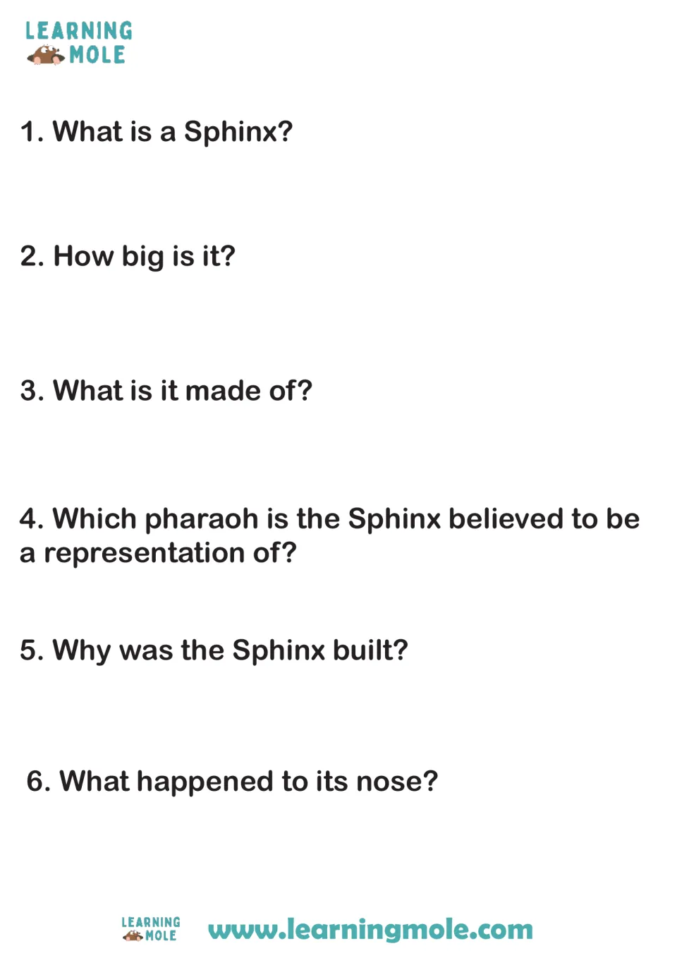 Sphinx questions: students write what it is, its size and material, which pharaoh it shows, why it was built and its nose