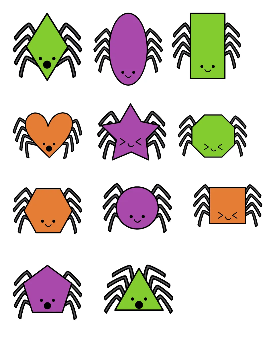 Spider shape cards to cut out: 11 smiling spiders with rhombus, oval, heart, star, circle, hexagon and other shape bodies