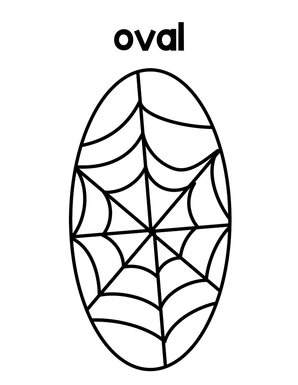 Oval sorting mat: a tall oval spider web under the word oval for students to match the oval-bodied spider card to