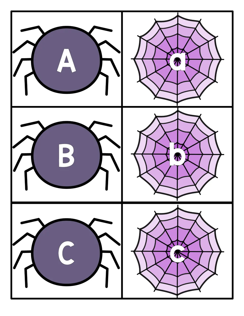 Letters A, B and C: students match each uppercase letter on a purple spider card to its lowercase partner on a web