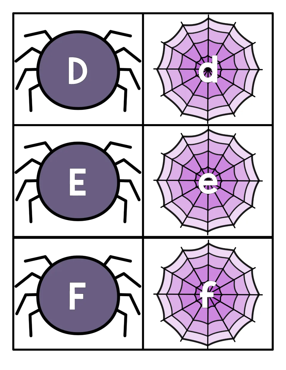Letters D, E and F: uppercase letters sit on spider cards and lowercase d, e, f on web cards for upper-lower matching