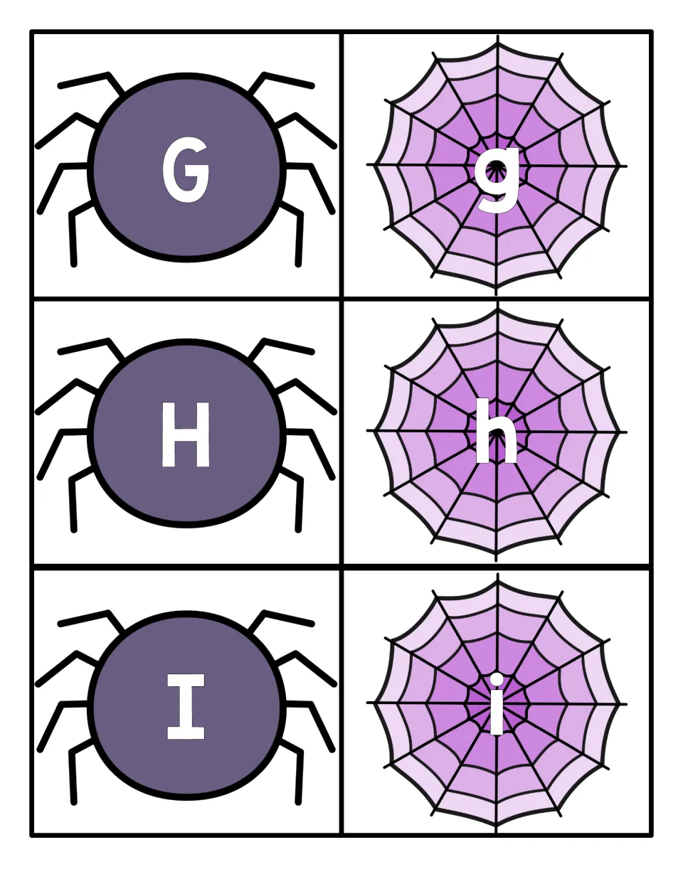 Letters G, H and I: students pair spider cards showing capital G, H, I with web cards showing lowercase g, h, i