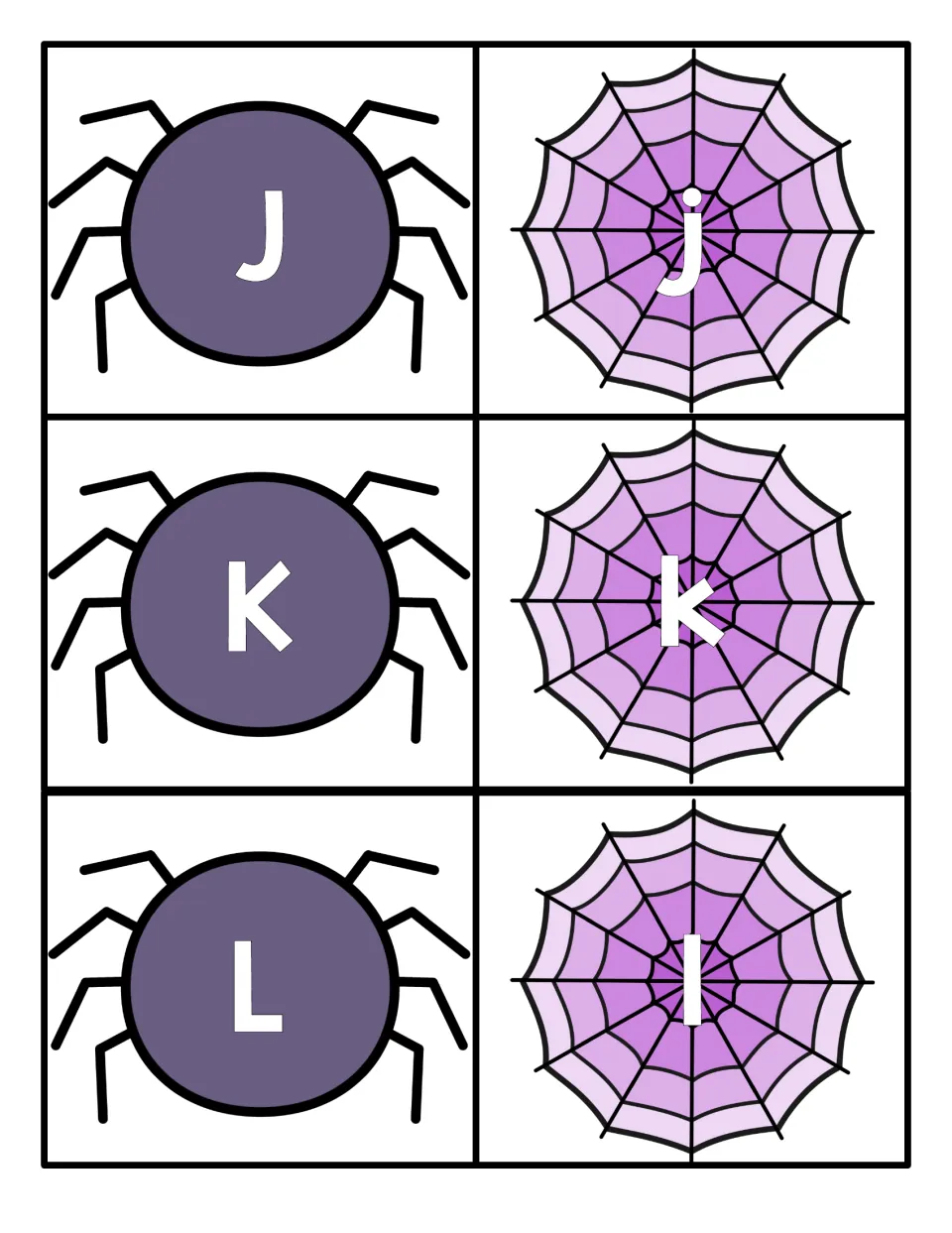 Letters J, K and L: spider cards with uppercase J, K, L to match with web cards printed with lowercase j, k, l