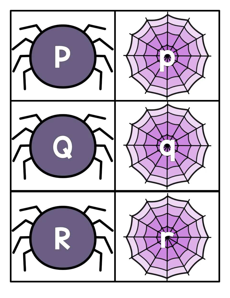 Letters P, Q and R: capital P, Q, R spider cards pair with lowercase p, q, r web cards for upper-lower letter matching