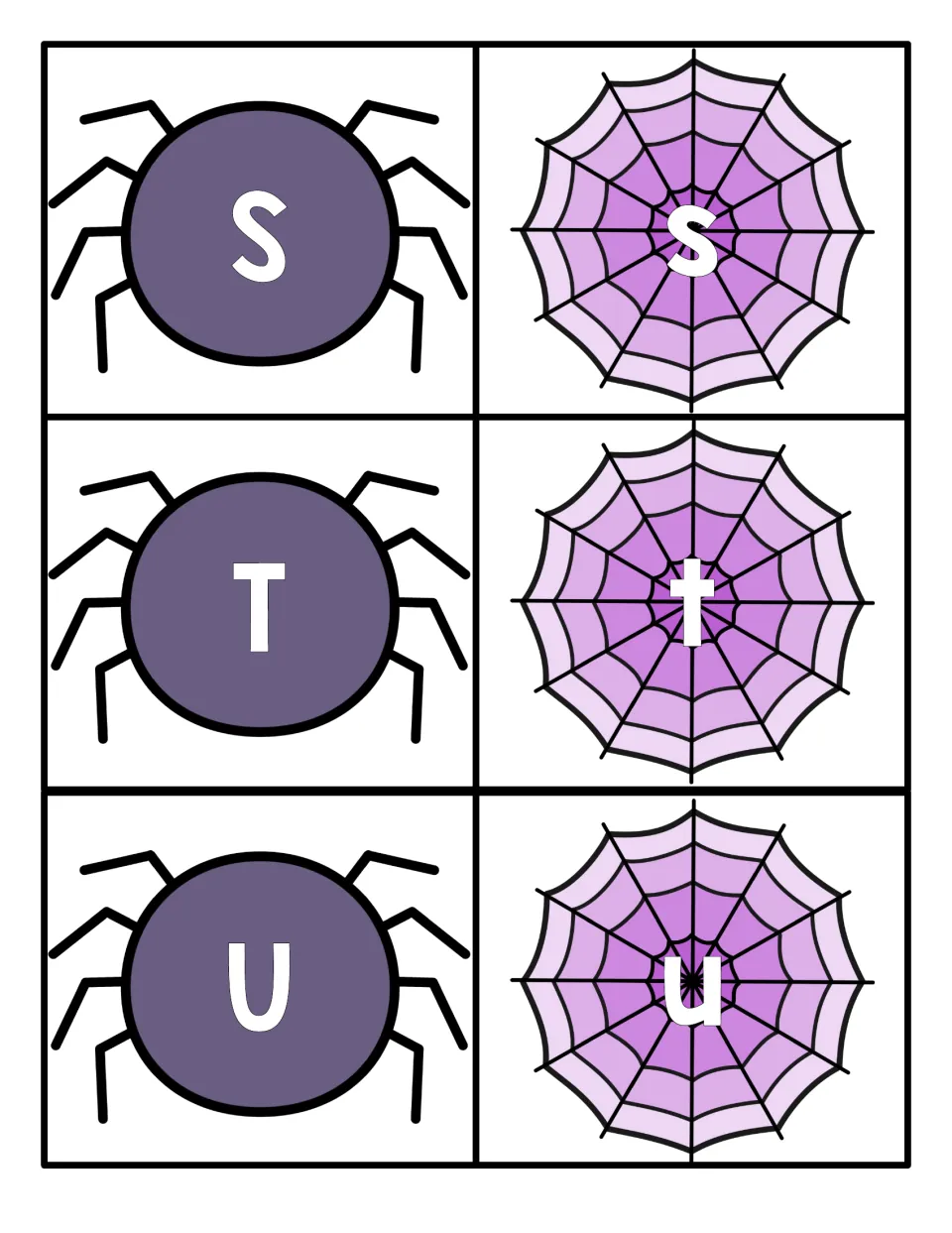 Letters S, T and U: students match spider cards labeled S, T, U with web cards labeled lowercase s, t, u