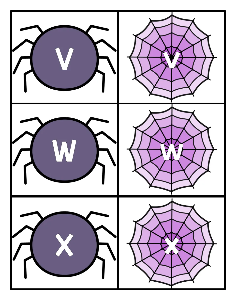 Letters V, W and X: uppercase V, W, X on spider cards to match with web cards showing lowercase v, w, x