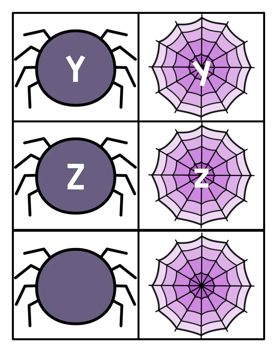 Letters Y and Z: spider cards for uppercase Y, Z with lowercase y, z web cards, plus one blank spider and blank web card