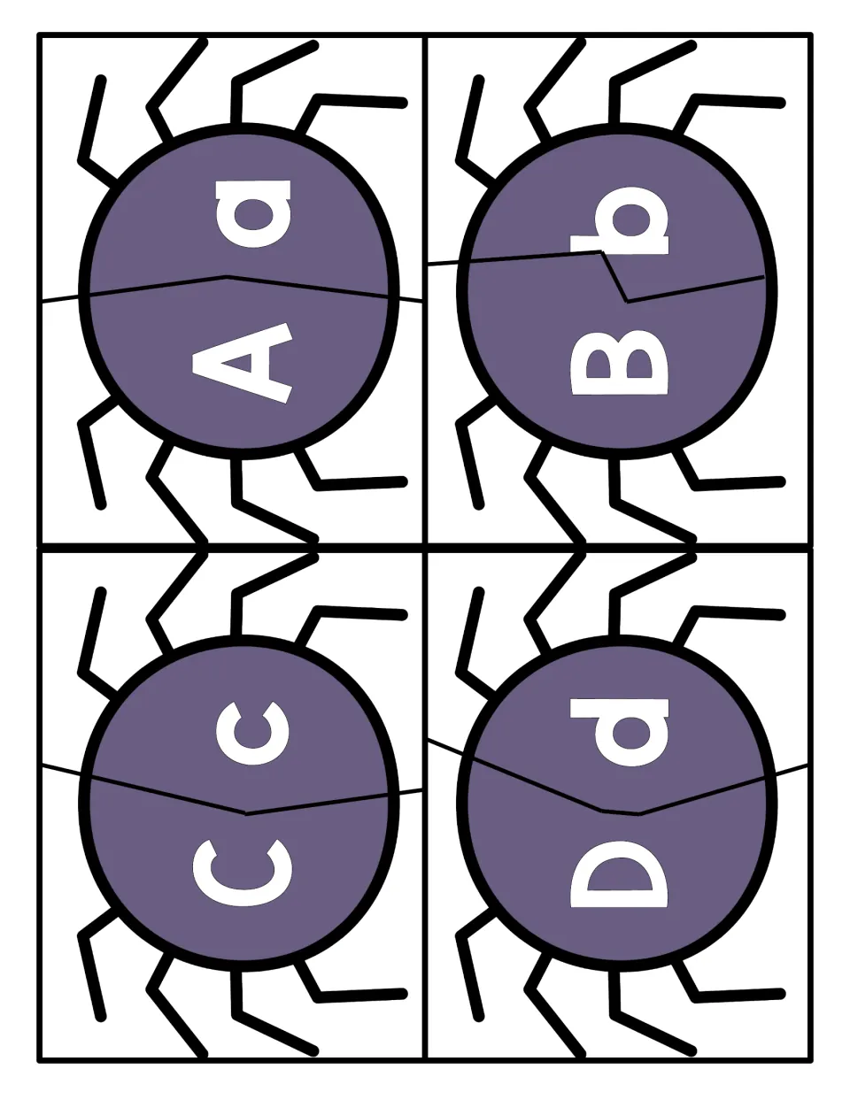 Letters A to D: students cut apart four two-piece spider puzzles and match each uppercase letter to its lowercase partner
