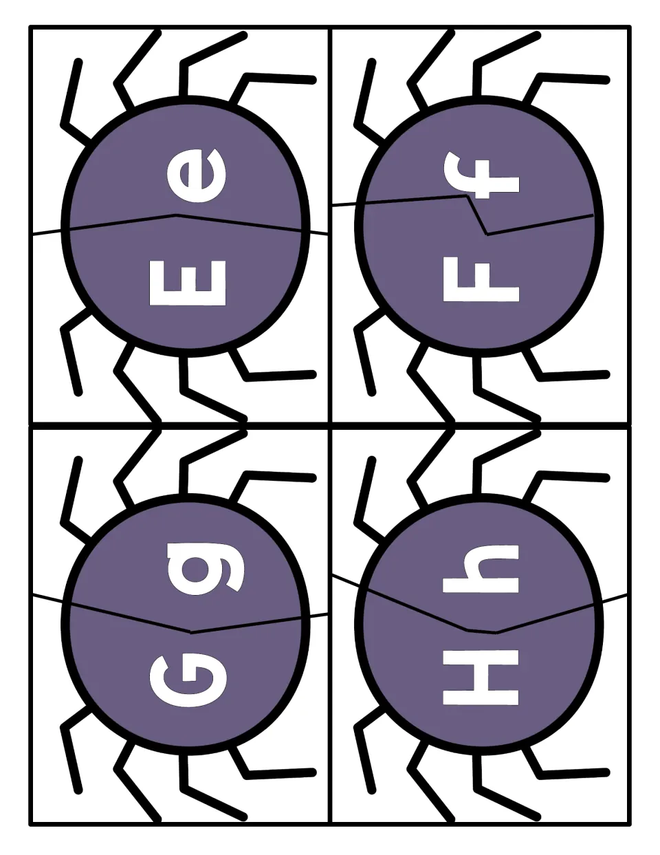 Letters E to H: four purple spiders split in two, uppercase on one half and lowercase on the other, to cut and match