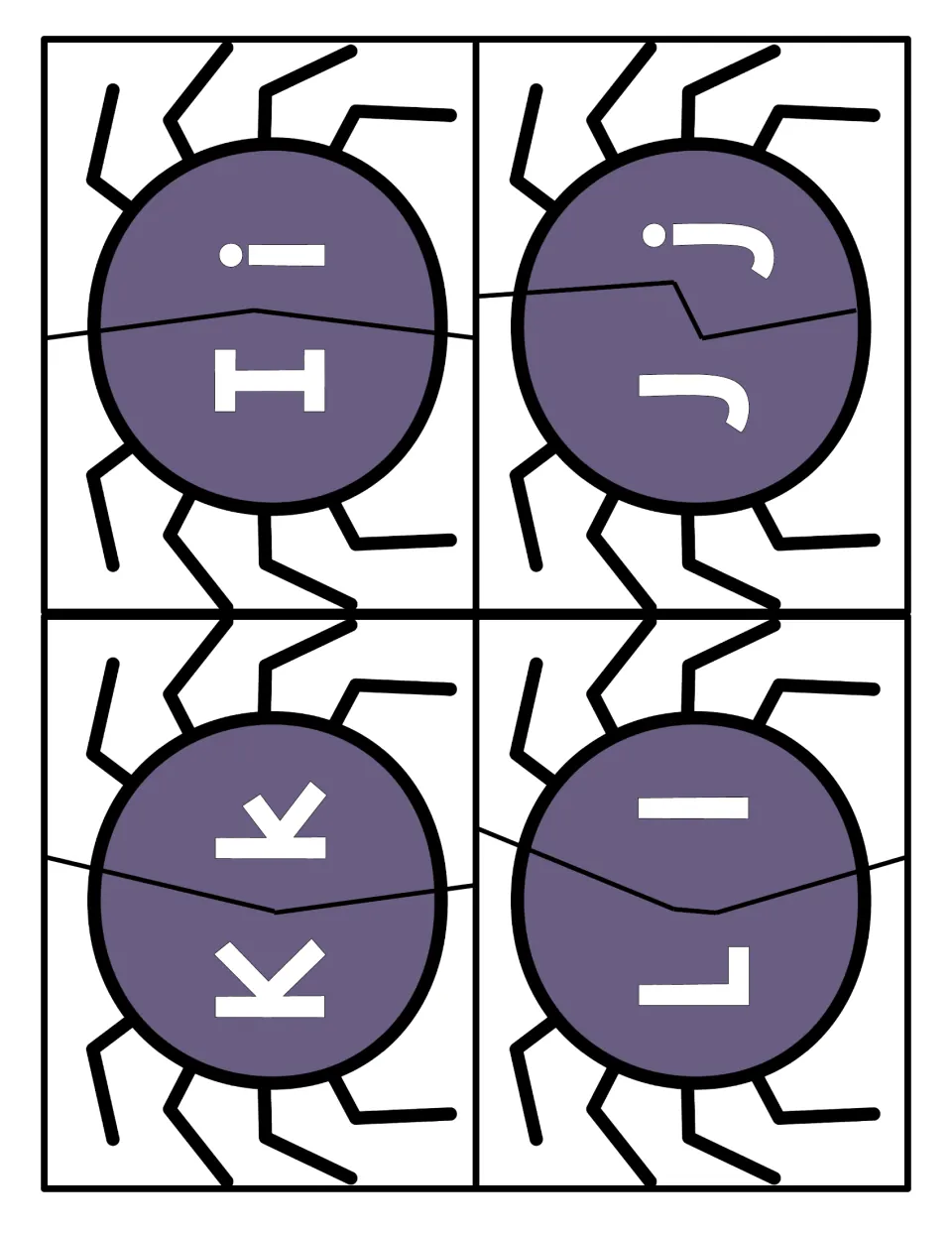 Letters I to L: students cut each spider on its jagged line, then rejoin uppercase I, J, K, L with lowercase i, j, k, l