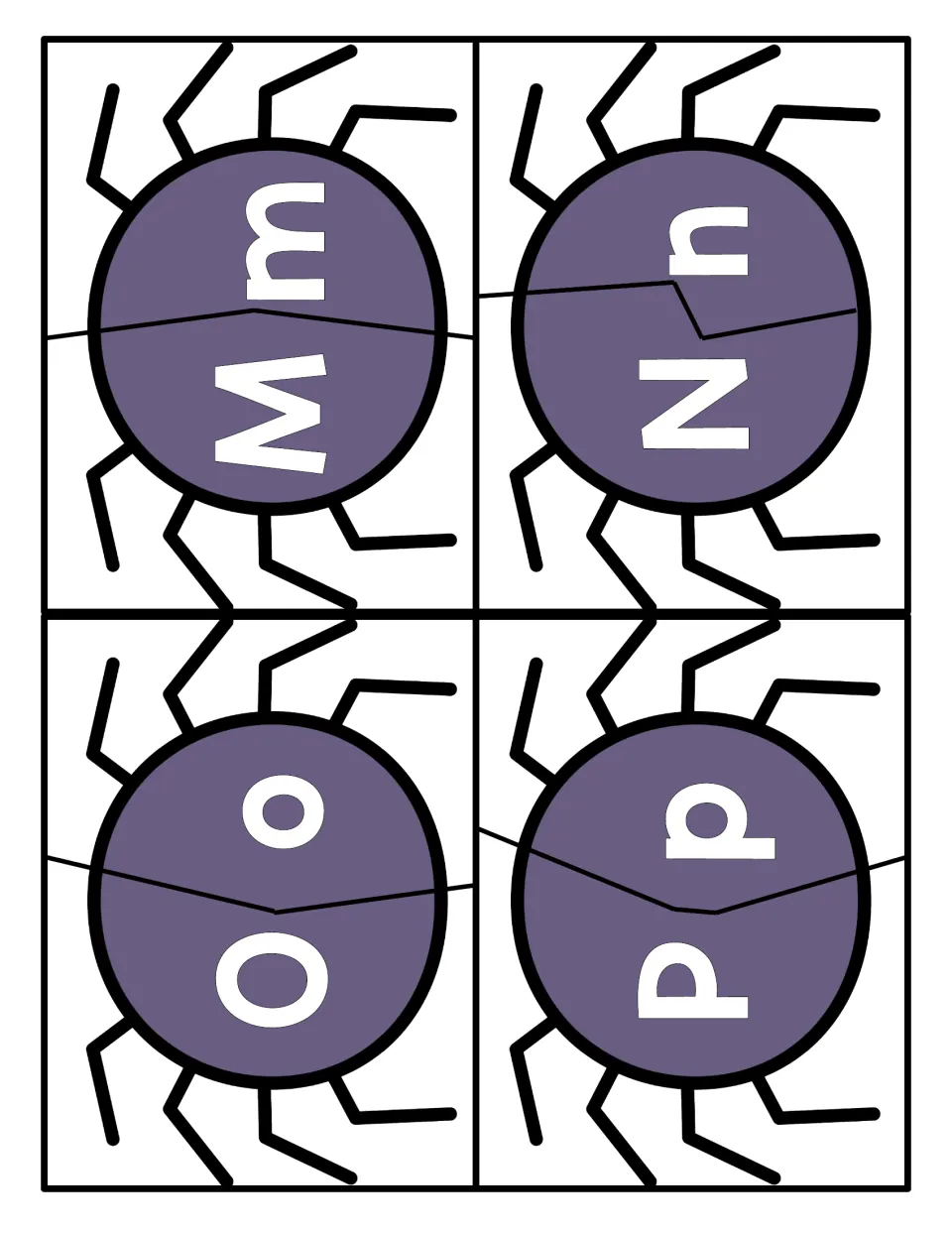 Letters M to P: two-piece spider puzzles pairing uppercase M, N, O, P with lowercase m, n, o, p for letter matching