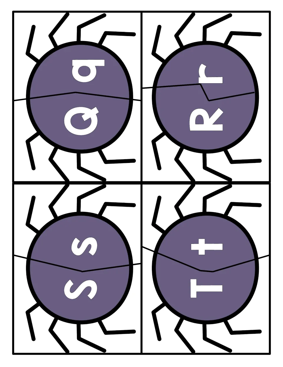 Letters Q to T: students match uppercase Q, R, S, T to lowercase q, r, s, t by fitting the spider puzzle halves together