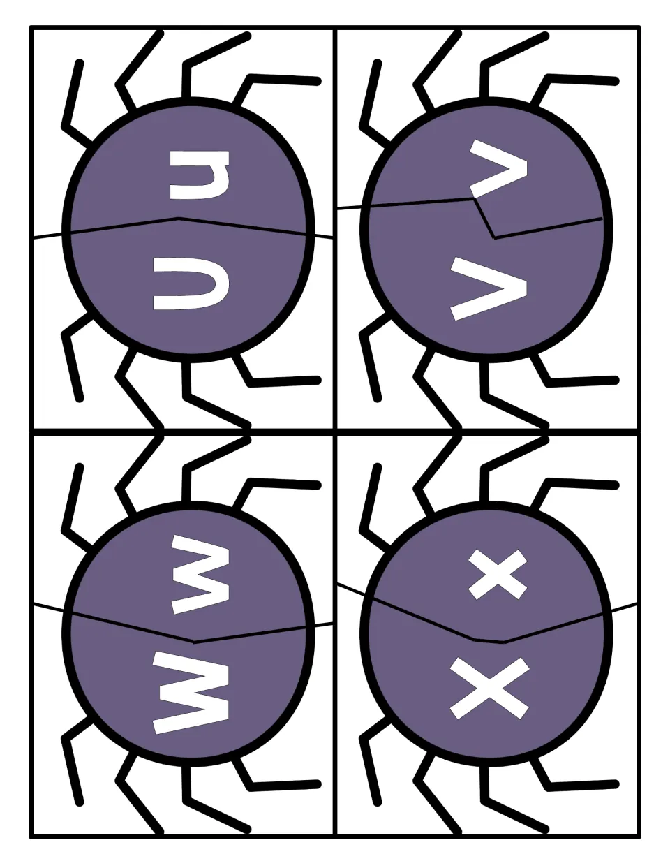 Letters U to X: spider puzzle halves for pairing uppercase U, V, W, X with lowercase u, v, w, x in letter recognition