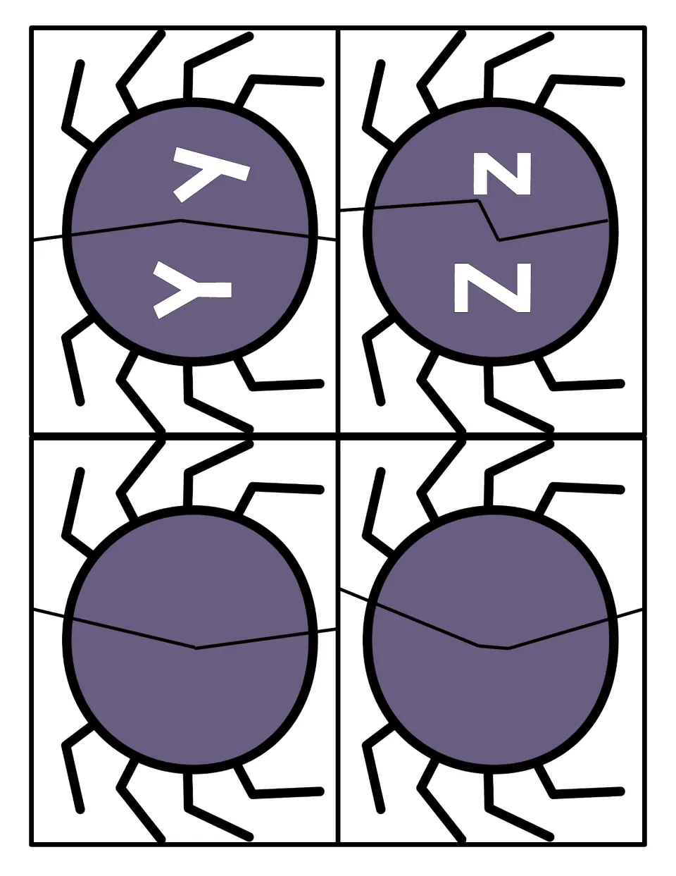 Letters Y and Z: students match upper and lowercase on the spider halves; two more spiders are left blank with no letters