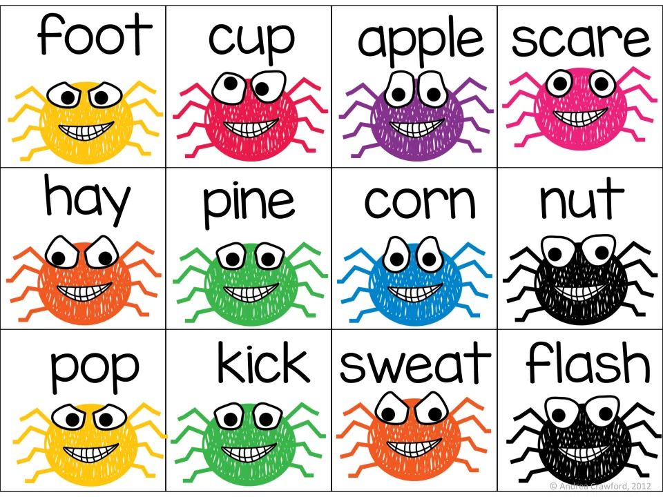 Color spider word cards 1–12 for compound word matching: foot, cup, apple, scare, hay, pine and six more