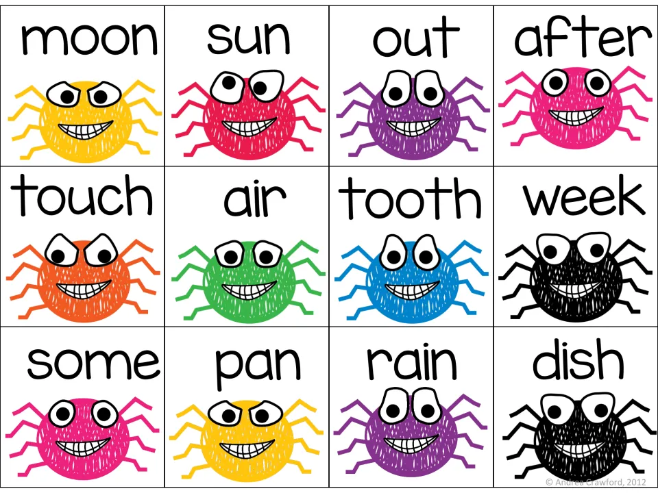 Color spider word cards 13–24 for compound word matching: moon, sun, out, after, touch, air and six more