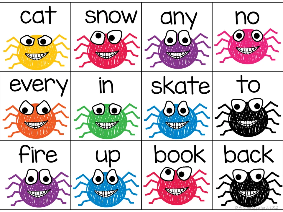 Color spider word cards 25–36 for compound word matching: cat, snow, any, no, every, in and six more