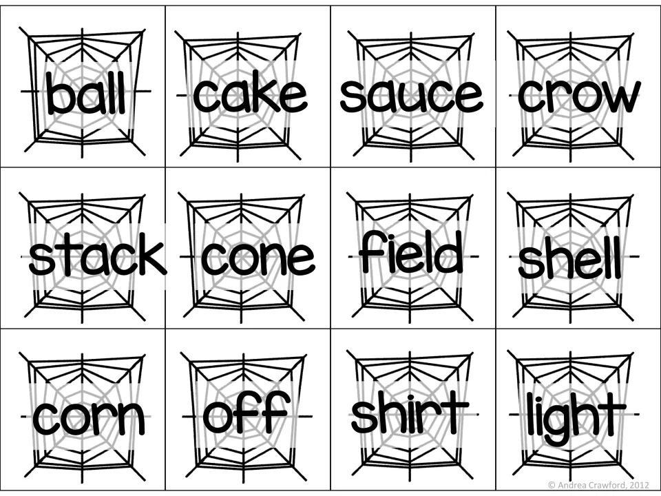 Web word cards 1–12 for matching to spiders: ball, cake, sauce, crow, stack, cone, field and five more