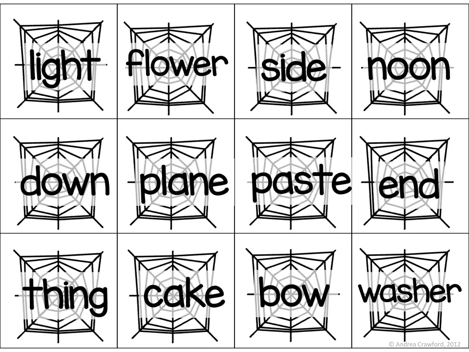 Web word cards 13–24 for matching to spiders: light, flower, side, noon, down, plane and six more