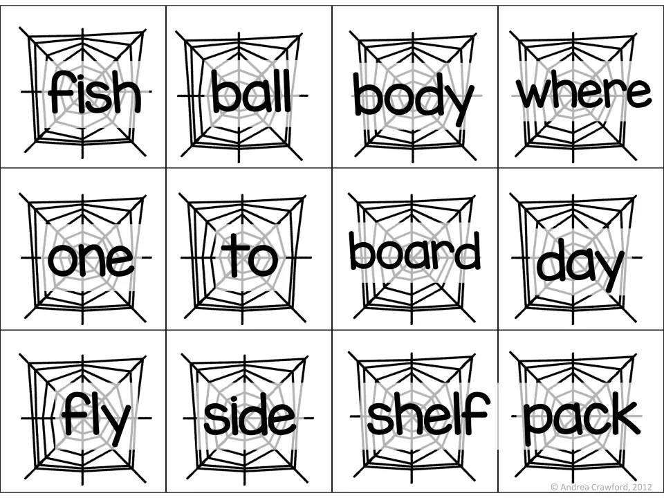 Web word cards 25–36 for matching to spiders: fish, ball, body, where, one, to, board and five more