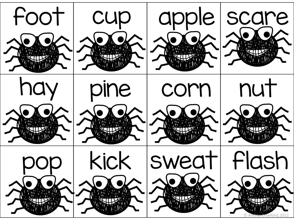 Black-and-white spider word cards 1–12 for compound word matching: foot, cup, apple, scare and eight more