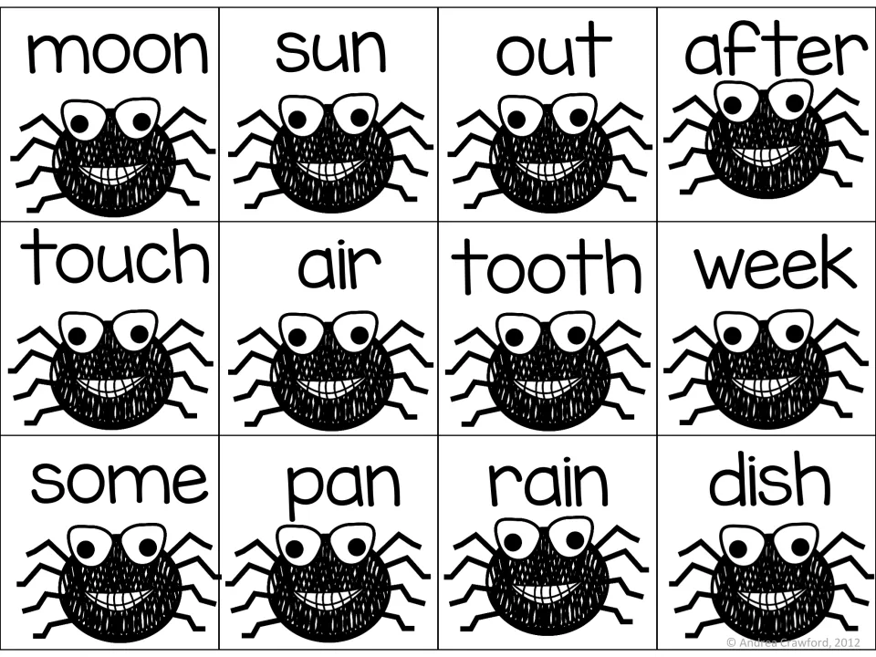 Black-and-white spider word cards 13–24 for compound word matching: moon, sun, out, after and eight more