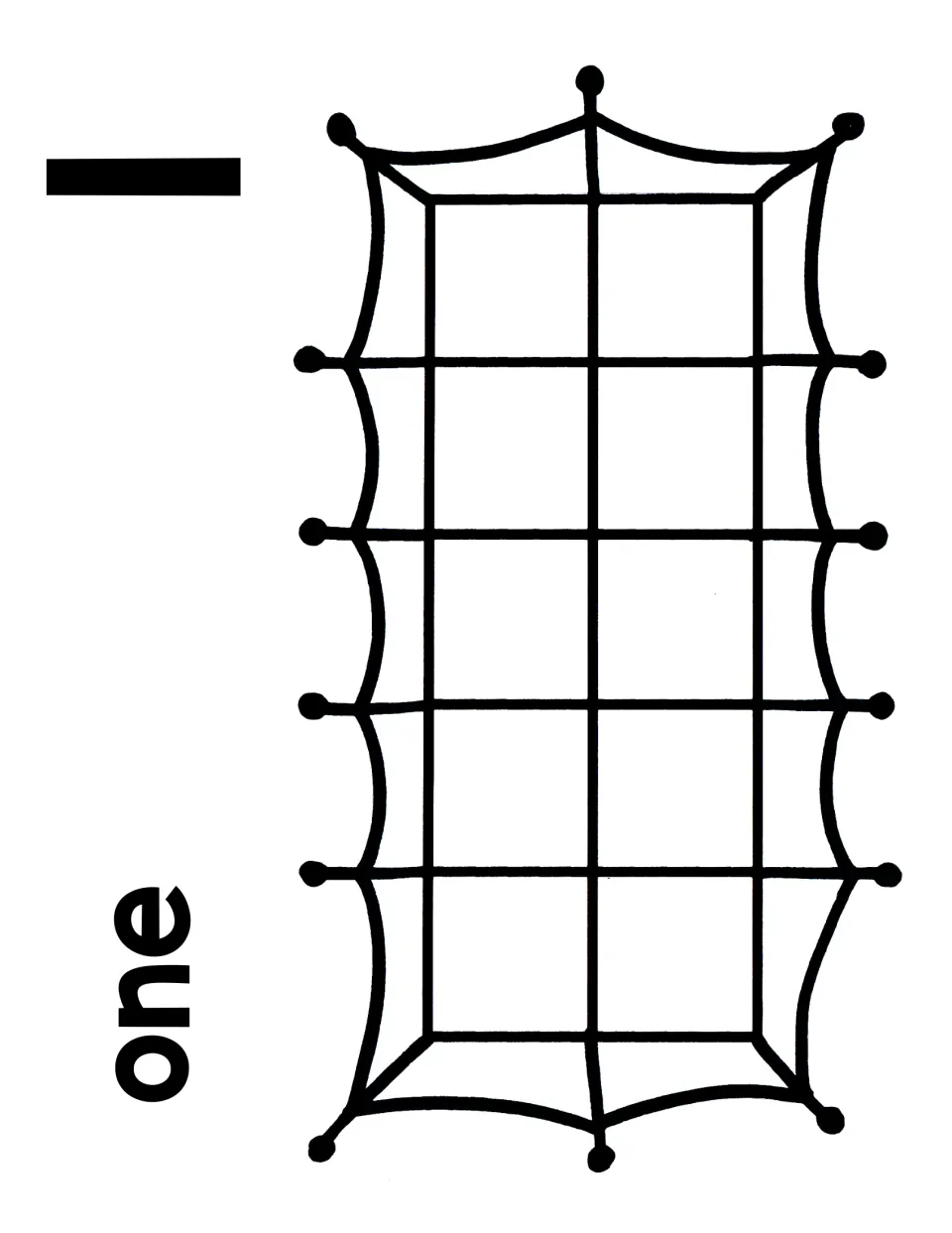 Number 1 counting mat: the numeral 1 and word one beside a spiderweb ten frame where students place one counter