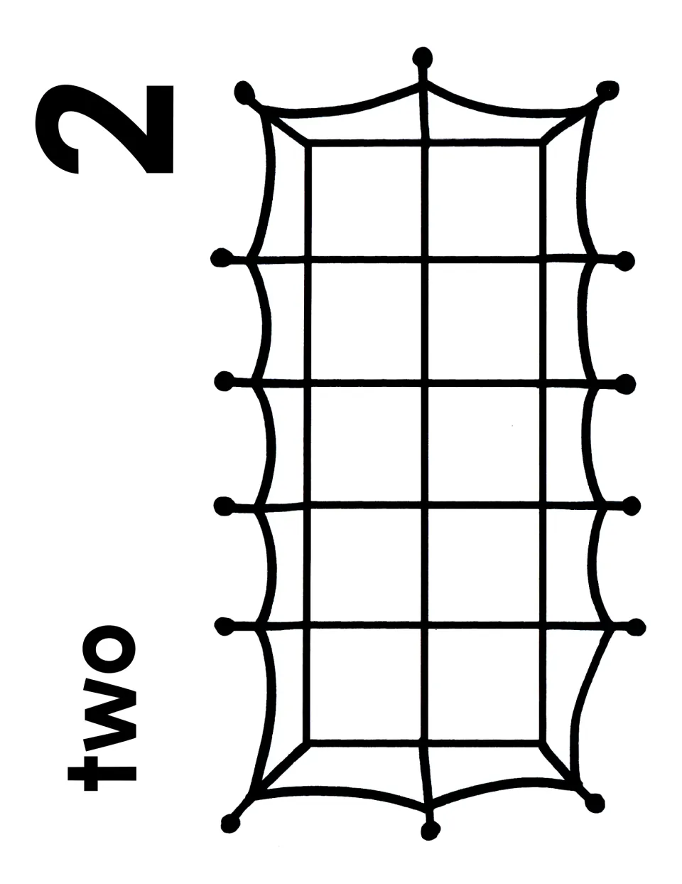 Number 2 counting mat: numeral 2 and the word two next to a spiderweb ten frame for counting out two objects