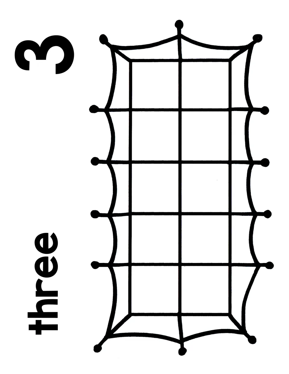 Number 3 counting mat showing numeral 3 and the word three with a spiderweb ten frame to fill with three counters