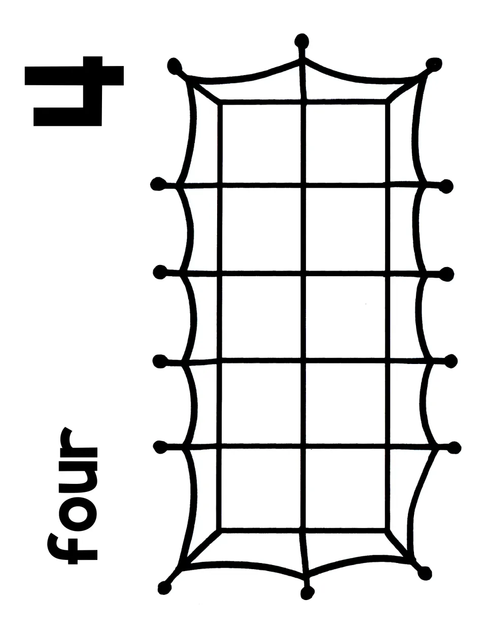 Number 4 counting mat: numeral 4 and the word four by a spiderweb ten frame for one-to-one counting of four items